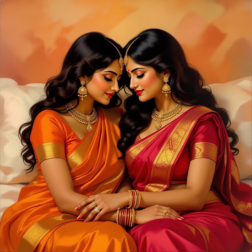 Two 55-Year-Old Indian Women in Romantic Oil Painting
