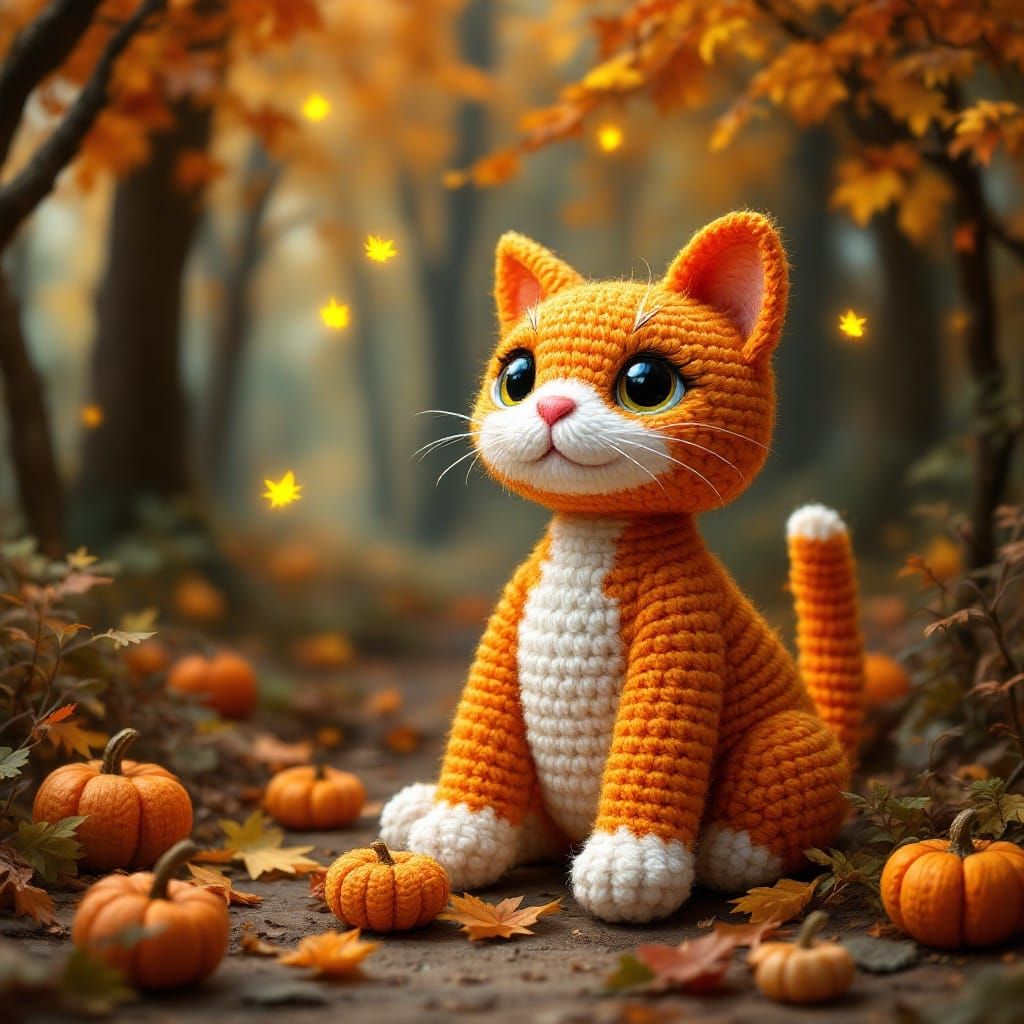 Crocheted Autumn Tabby in Whimsical Yarn Landscape