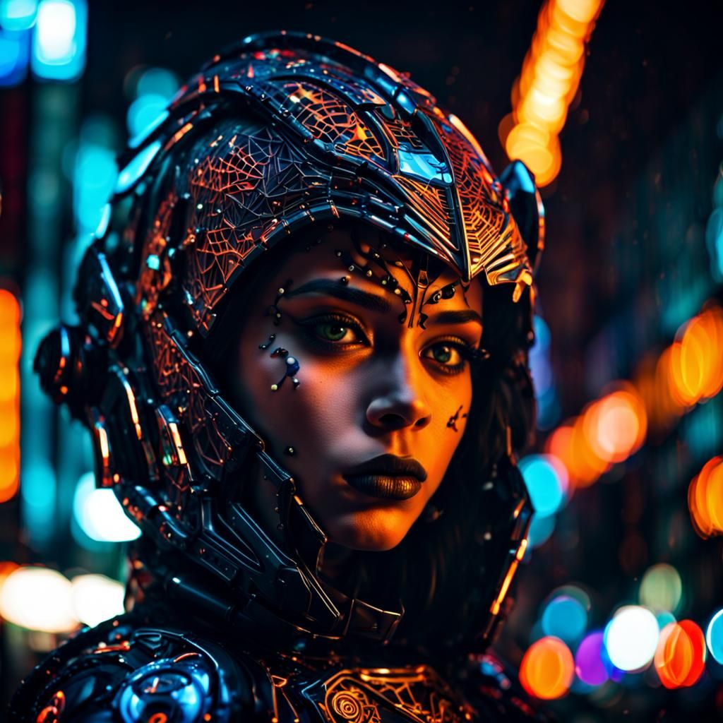 Halloween Girl in Neon City: Hyperrealistic Portrait