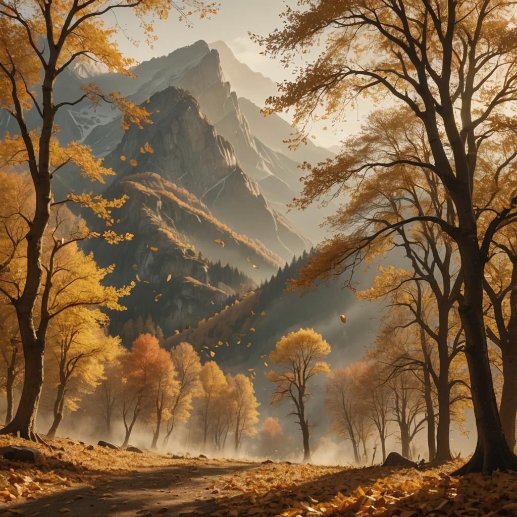 Golden Autumn Leaves Swirling in Sunlight: Cinematic Still