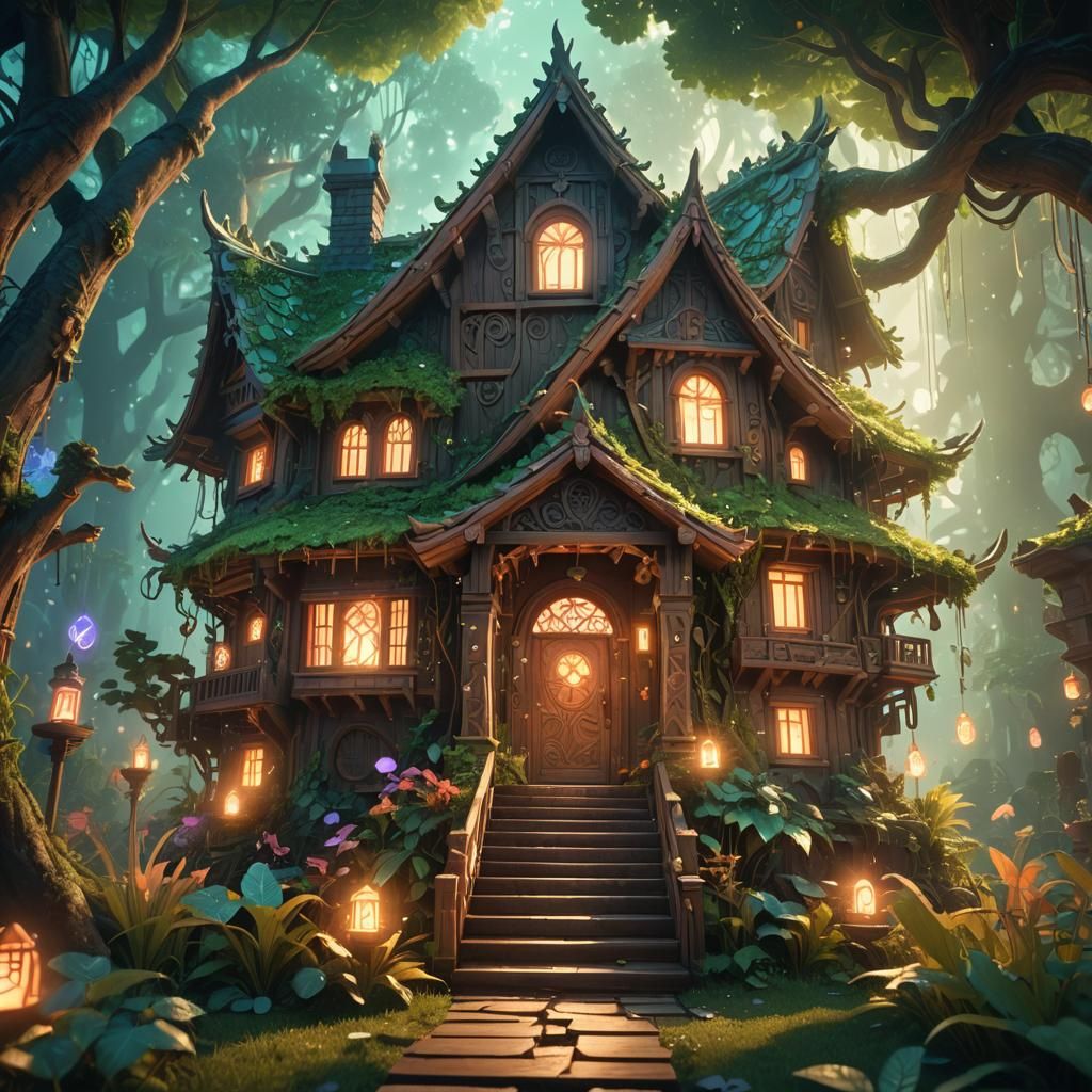 Surreal Anime House with Glowing Runes