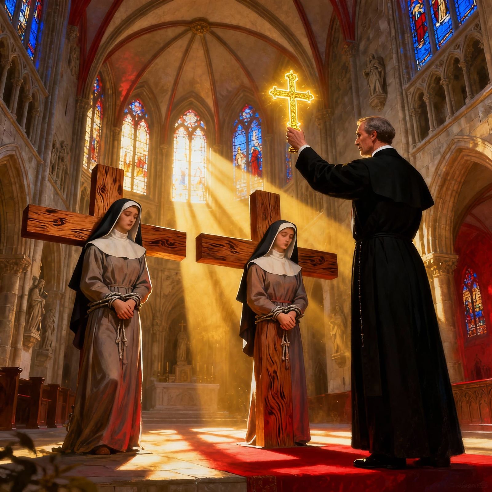 Horror Scene: Crucified Nuns in Cathedral with Priest