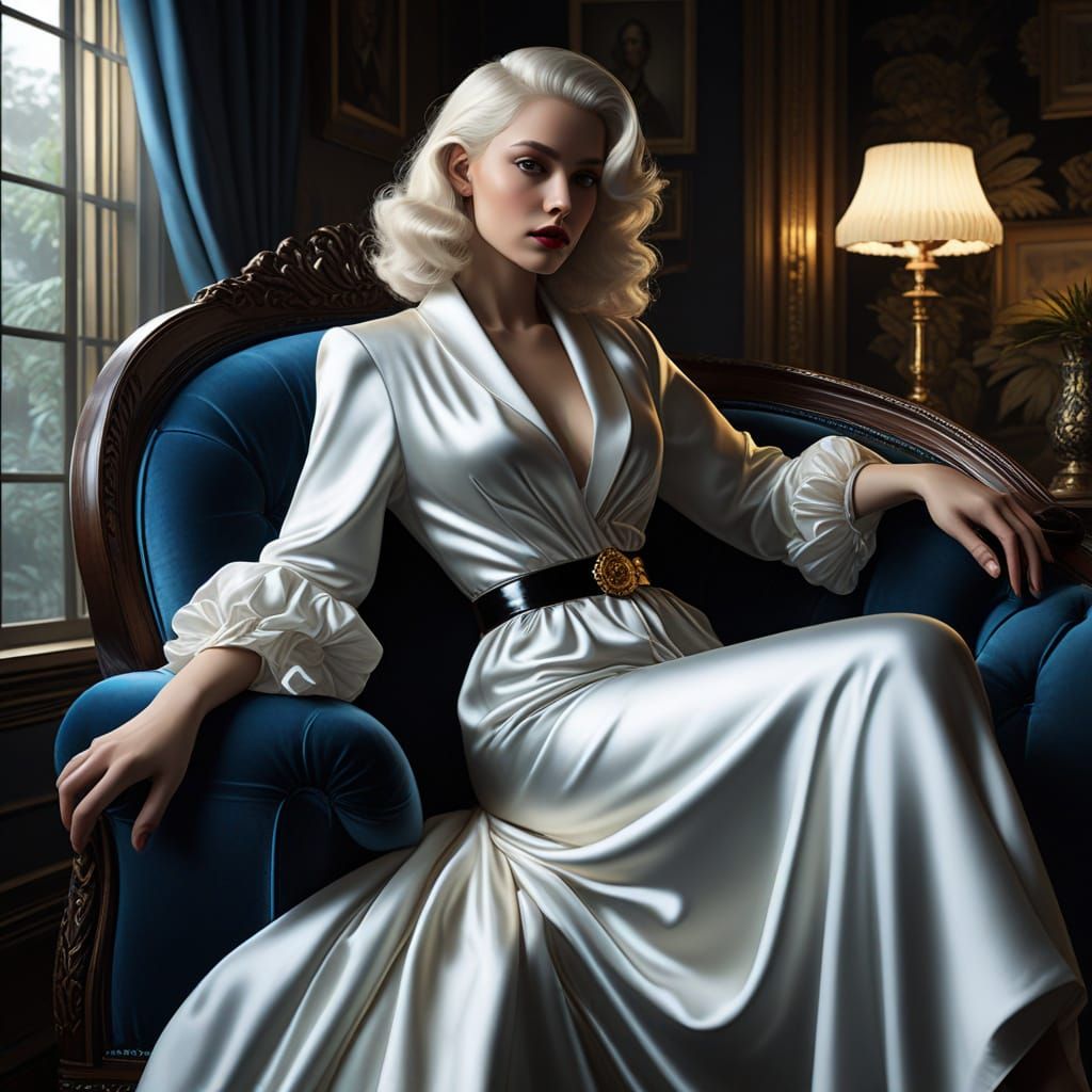 Platinum Beauty Lounging with Pistol in Noir Style