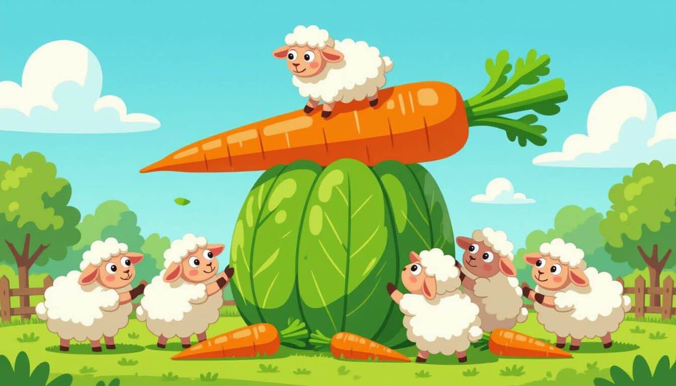 Fluffy Sheep Build Tower From Giant Vegetables