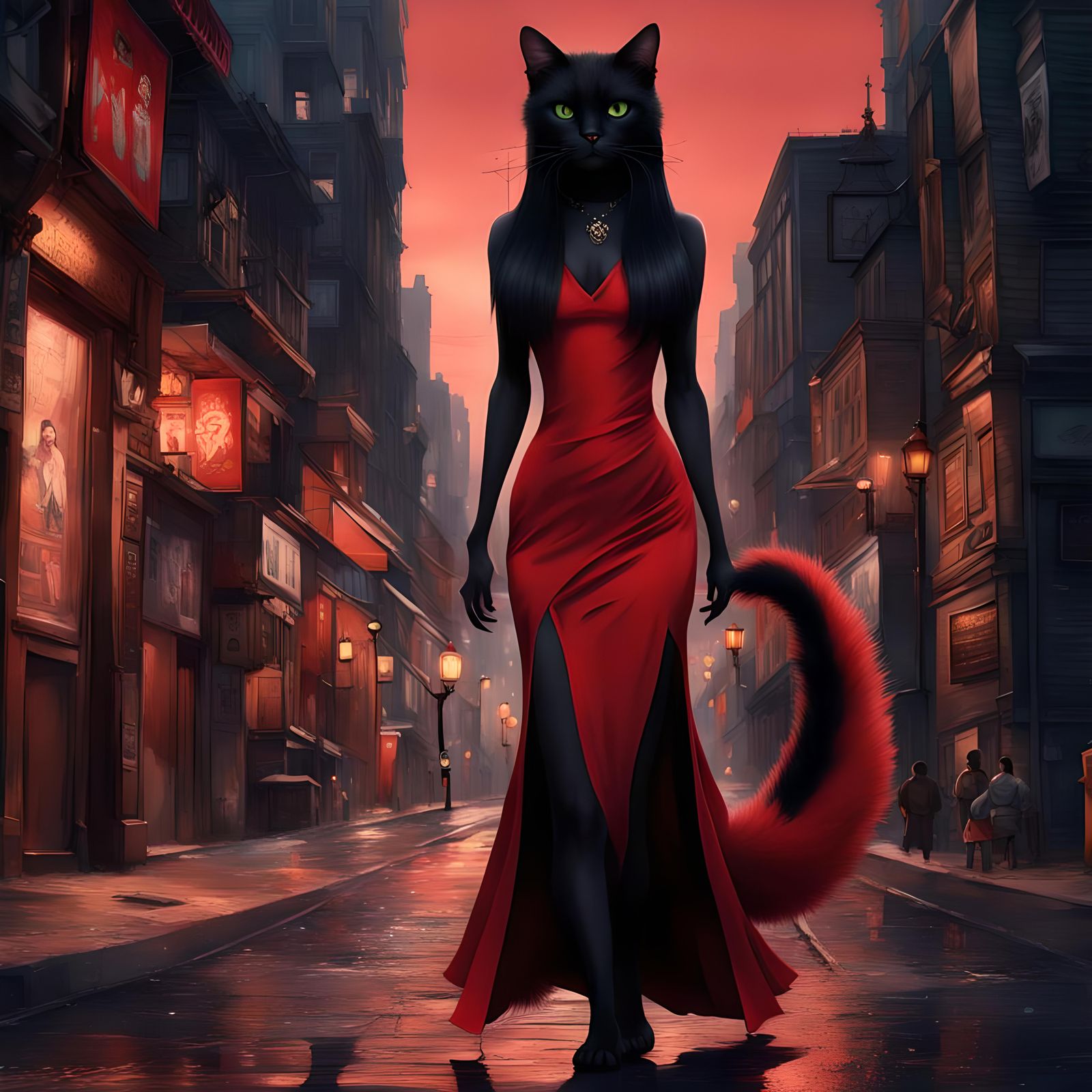 an anthropomorphic black cat with a curvaceous figure and lo...