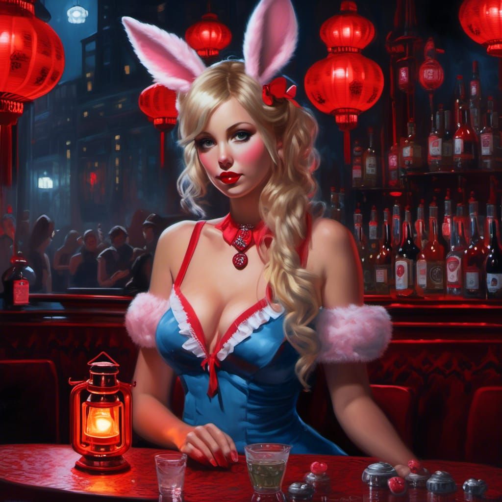 Bunny Girl in Red Lantern Bar: Hyperreal Acrylic Painting