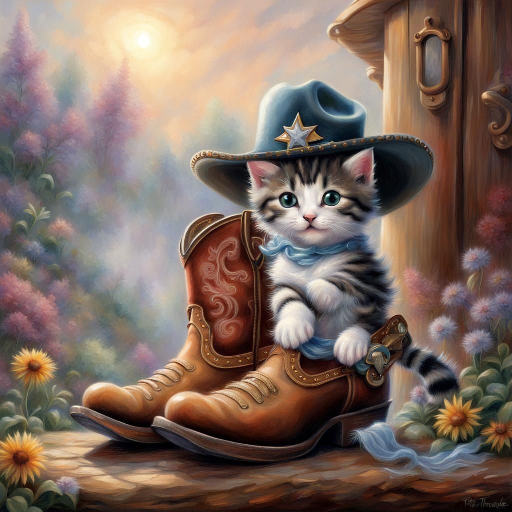Kitten in Cowboy Hat Emerging from Boot