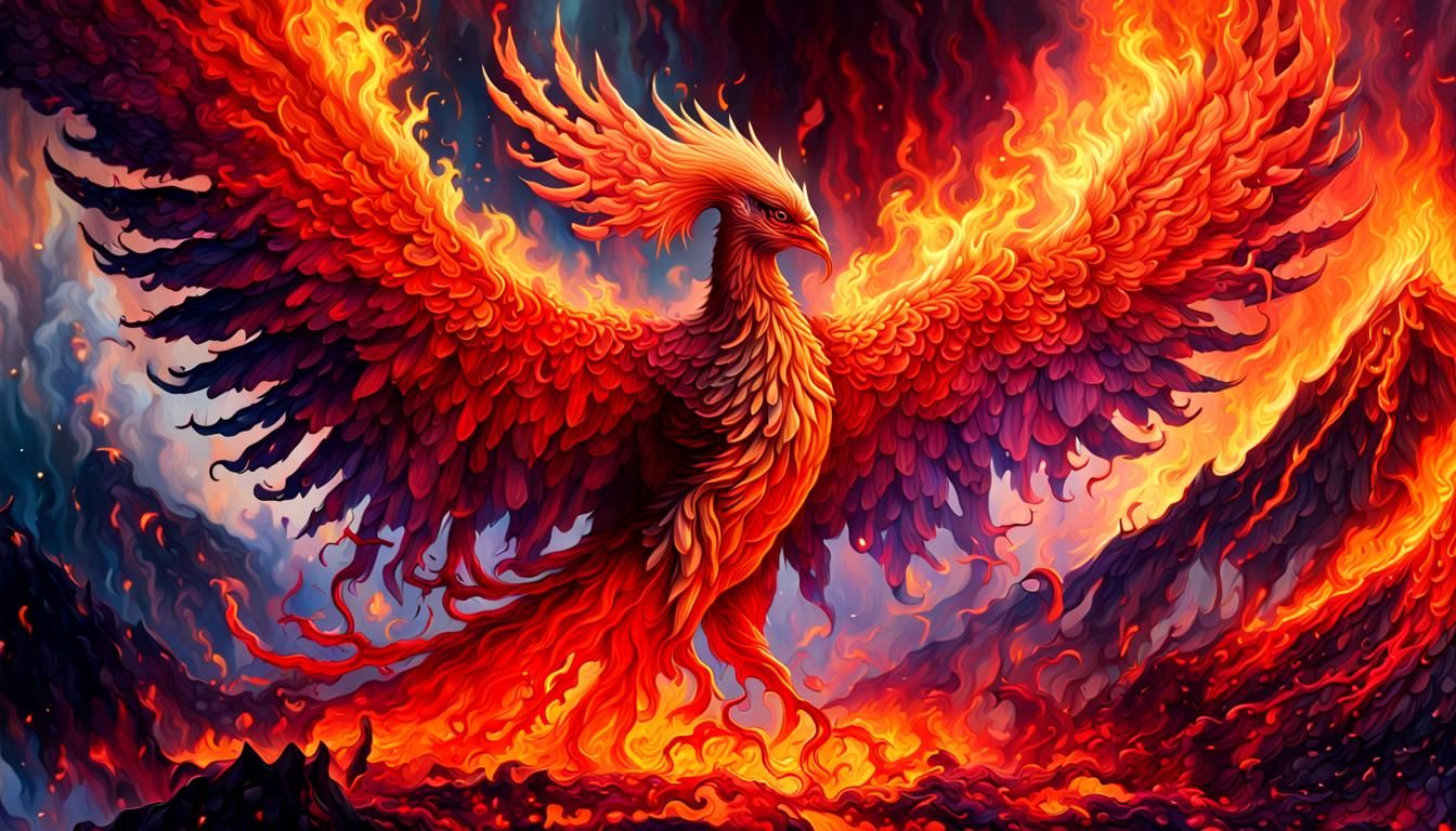Fiery Phoenix Rising from Volcano in Expressionist Style