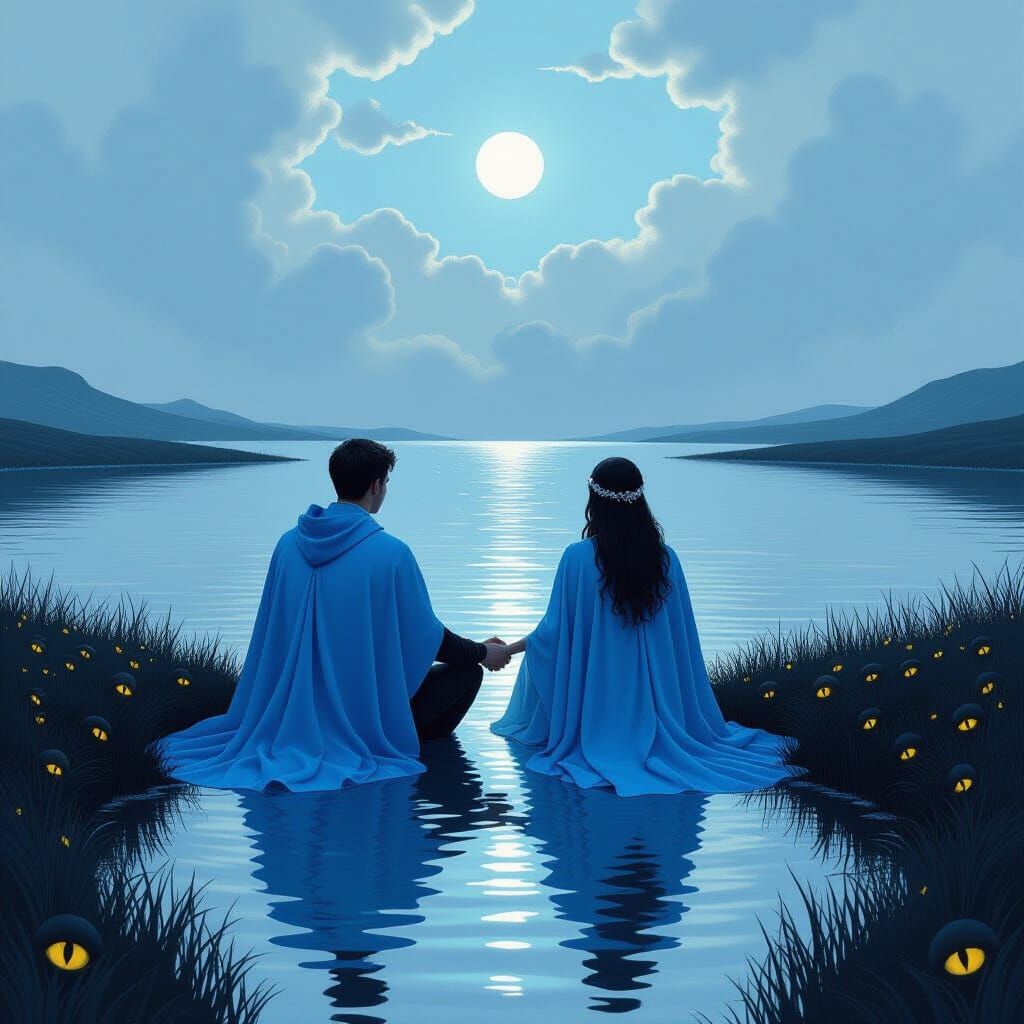 Surreal Lake Scene with Cloaked Figures