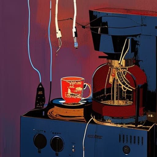 optimistic face with cables plugged into to a italian coffee machine in blue kitchen, artwork by basquiat, Greig Roulsto...