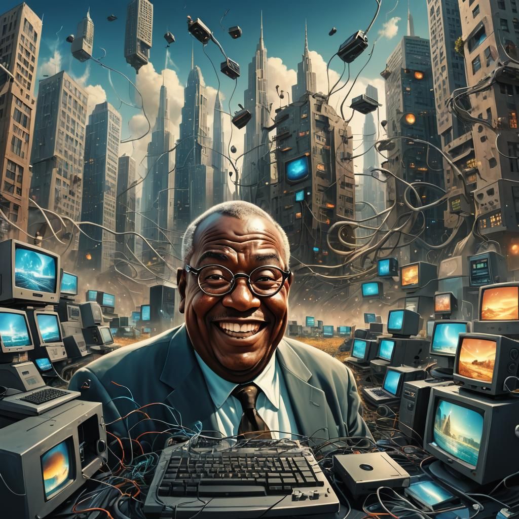 Surreal Digital Art of Smiling Man in Cyberpunk City