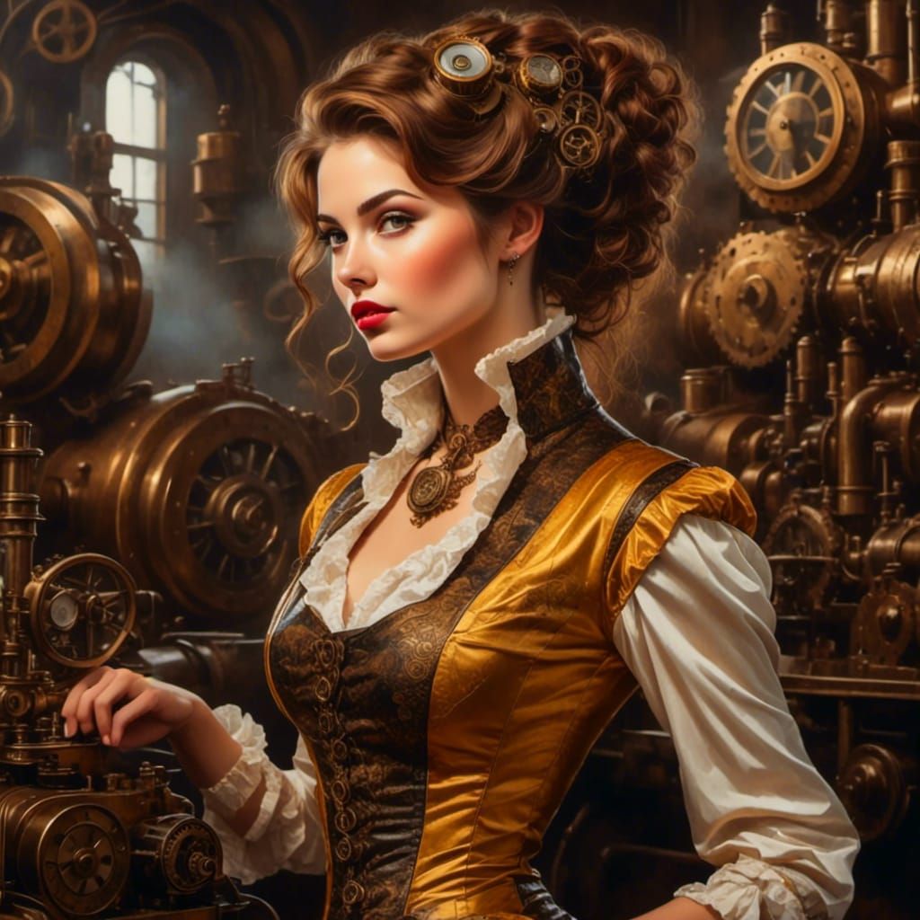 Steampunk Belle with Clockwork Machinery and Brass Filigree