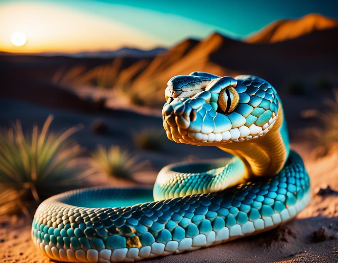 Golden Desert Snake in Moonlit Night Landscape