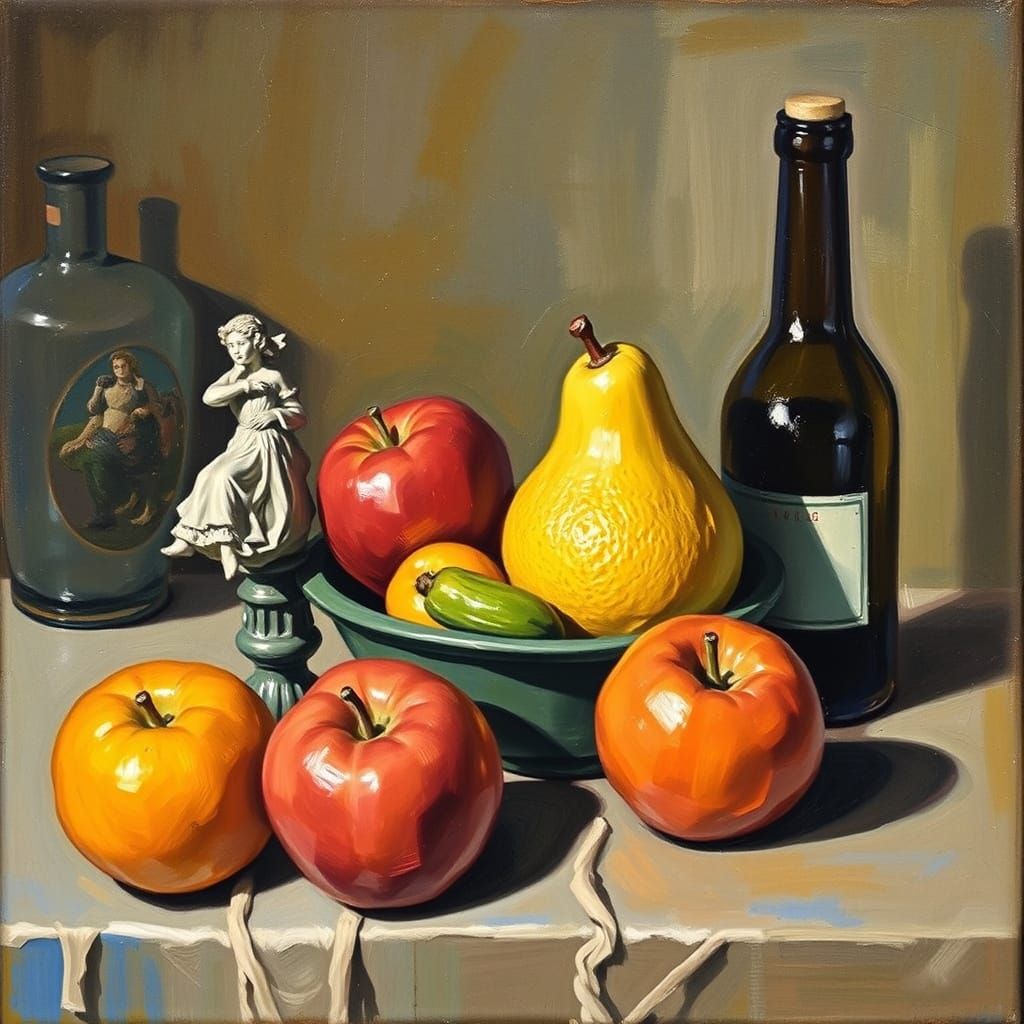 Still life with fruits, figurine and a bottle