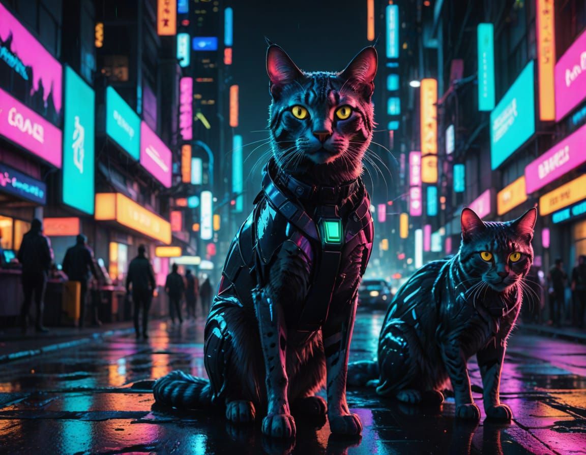 Confident Feline Cyberpunk Goddess in Neon Cityscape