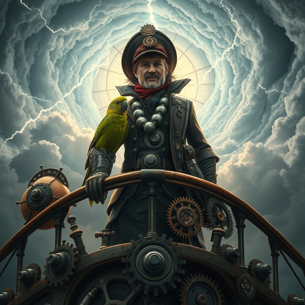 Steampunk Airship Captain in a Swirling Vortex
