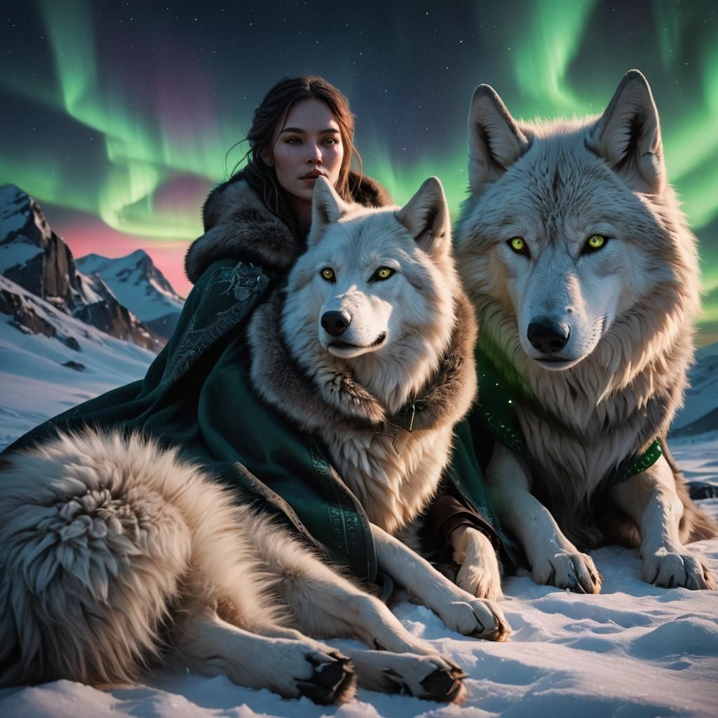 Girl and Snow Wolf Watching Northern Lights