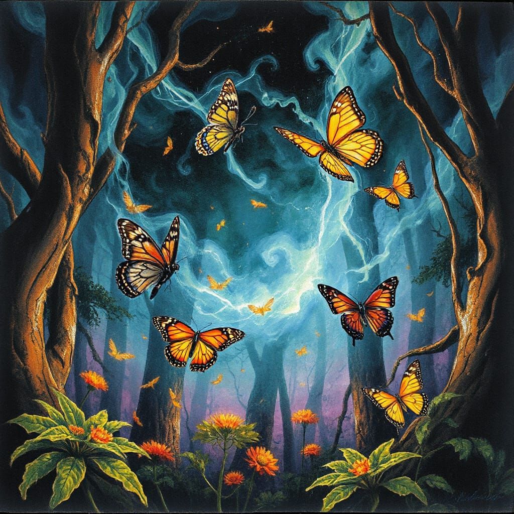 Steampunk Butterflies in Bioluminescent Forest Splash Art