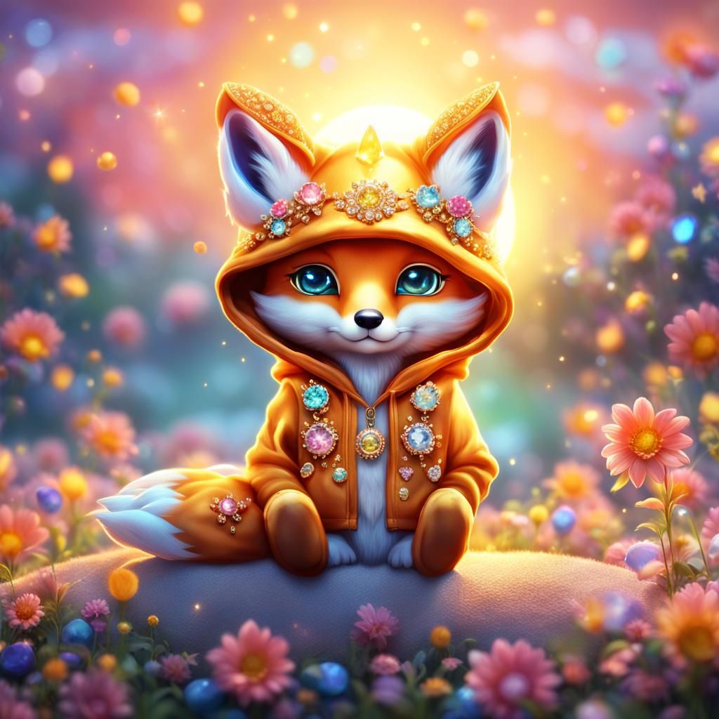 Mystical Bejeweled Fox in Hoodie, Cute 8K Image