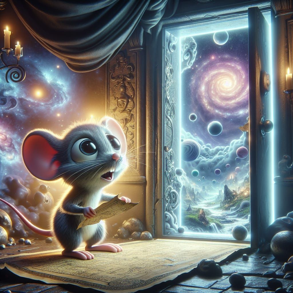 Mouse at Dimensional Portal in Baroque Comic Style