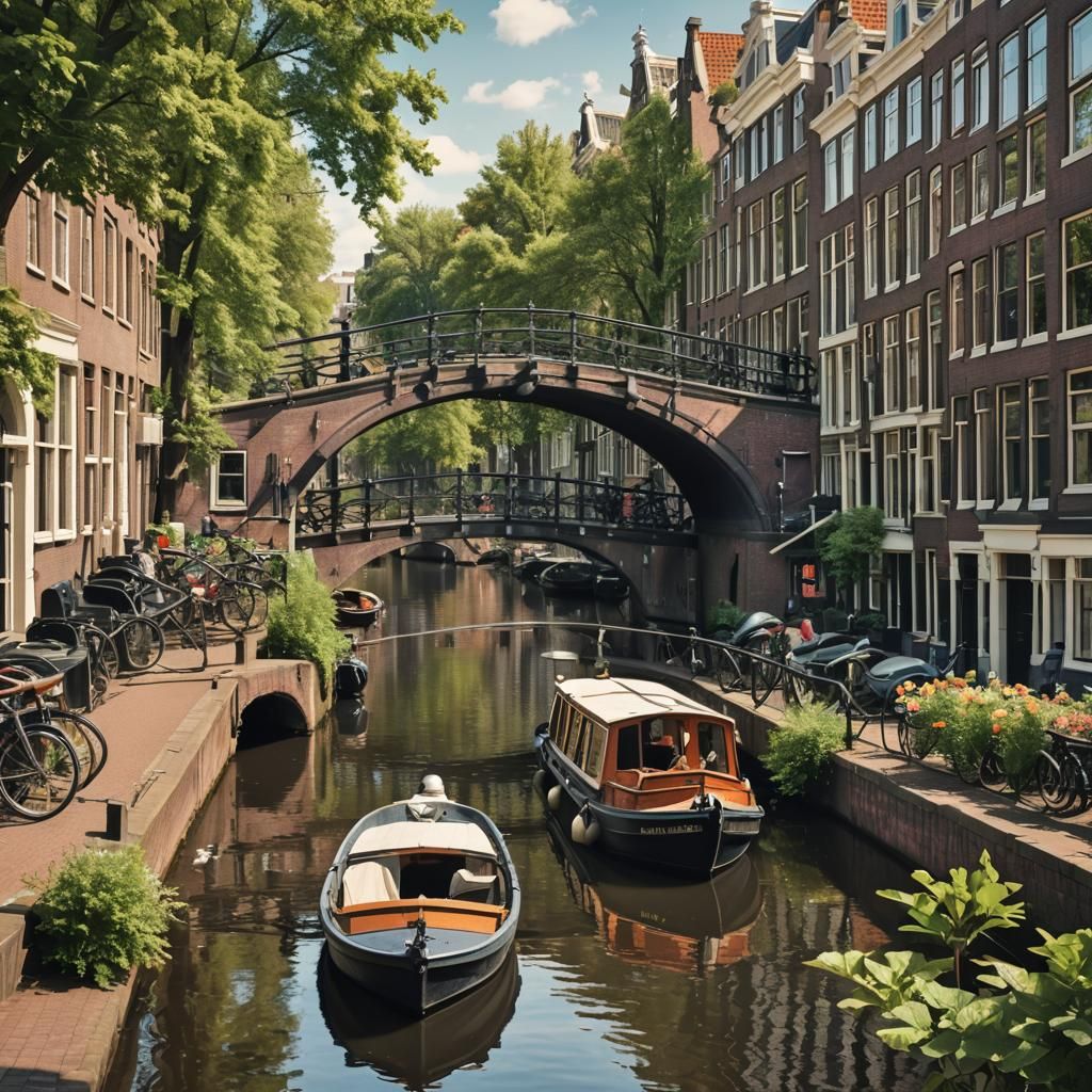 Victorian Amsterdam Canal Scene with Boat