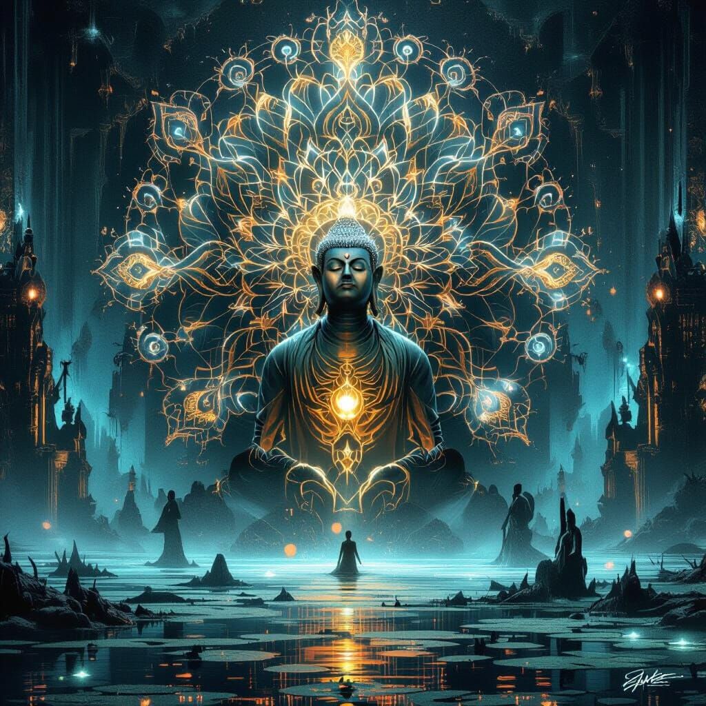Ethereal Buddha Meditating on Bioluminescent Lotus in Dark F...