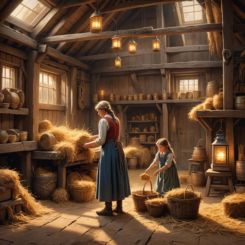 Medieval Farmers in Barn: Cozy Matte Painting