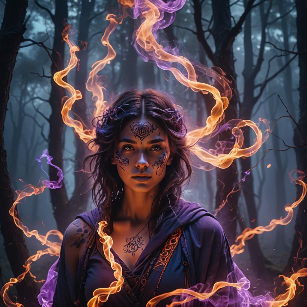 Mystical Neon Woman in Dark Forest: Digital Art