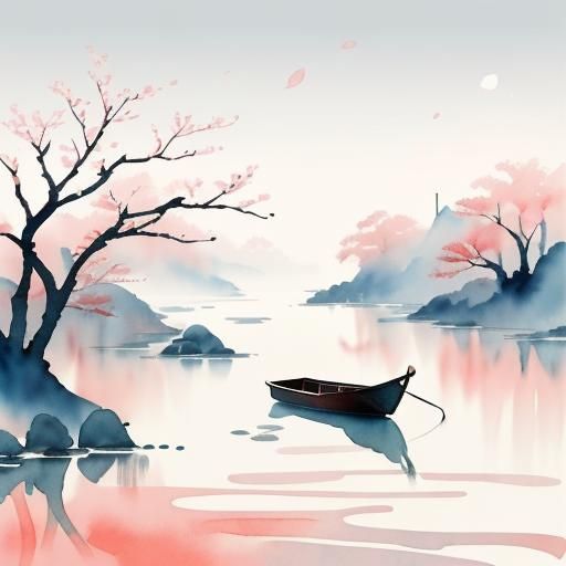 Lunar New Year River in Minimalist Watercolor Style