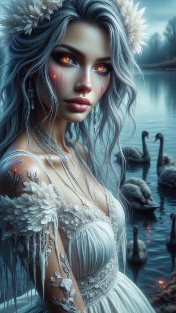 Mystical Woman with Swan Crown by Serene Lake