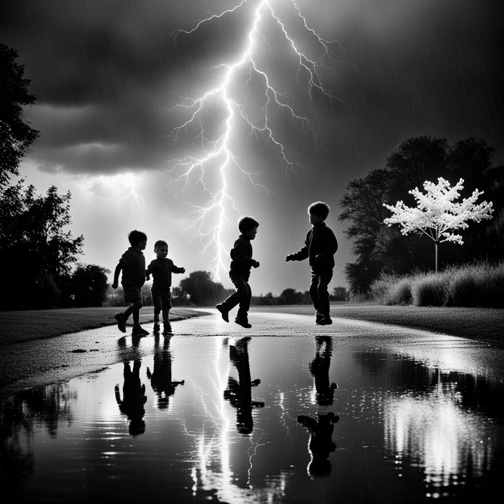Children Puddle Jumping in Electrical Black and White Storm