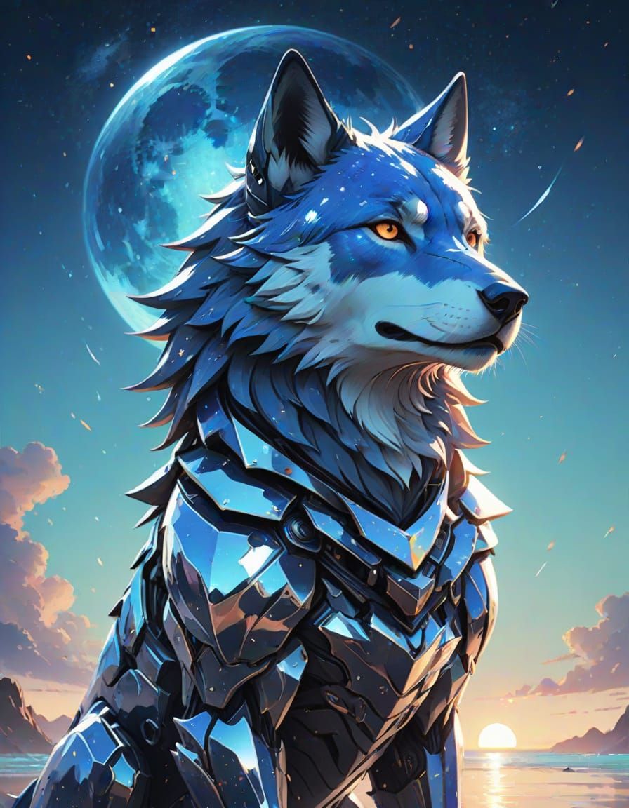 Glowing Chrome Wolf Under a Vibrant Starry Sky