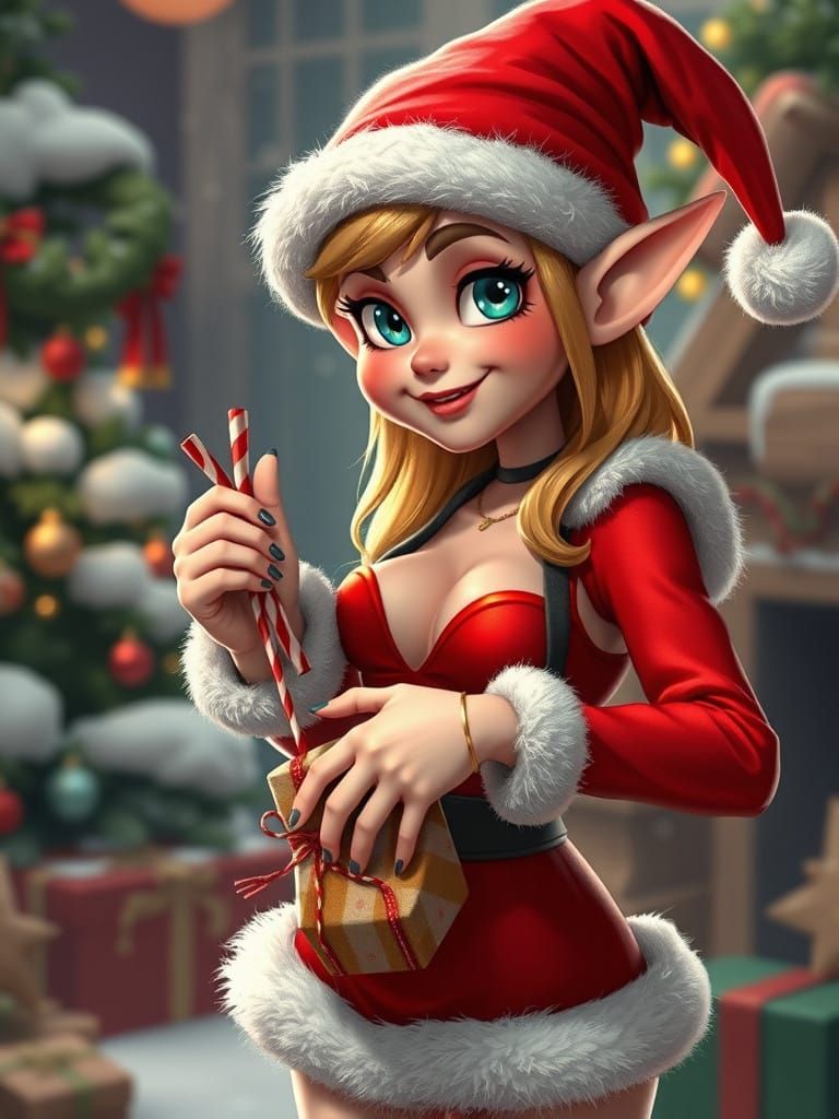 Naughty female santa elf stealing peppermint sticks