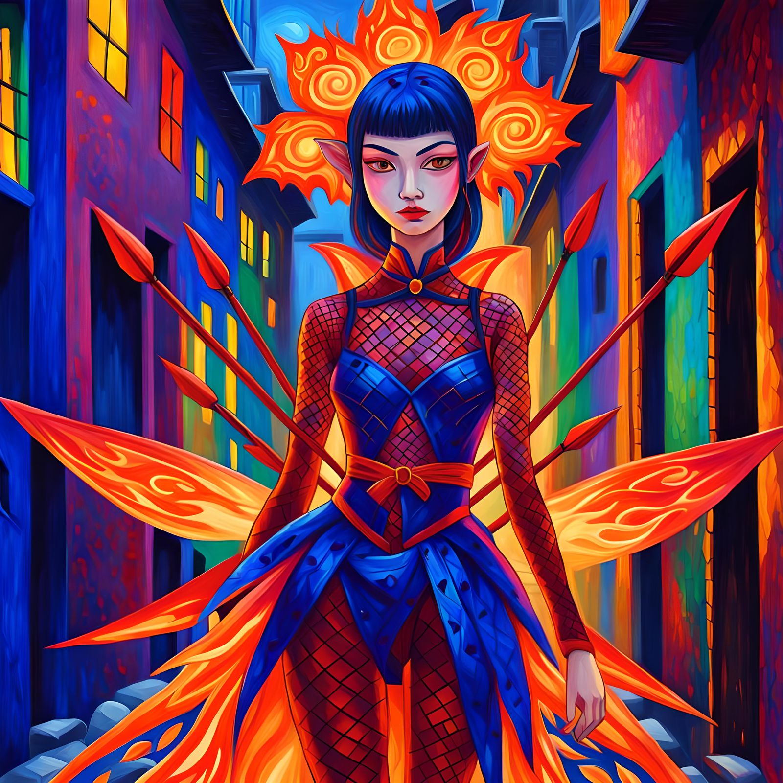 Evil Fire Archer Fairy Villain in Cobalt Outfit