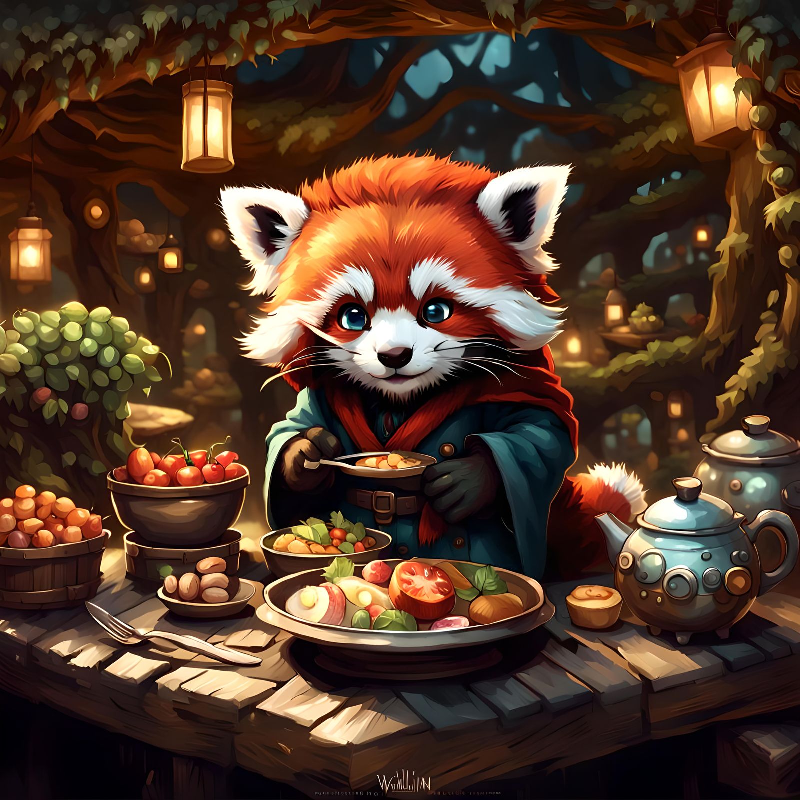 Red Panda Hobbit Feast: Detailed 3D Render