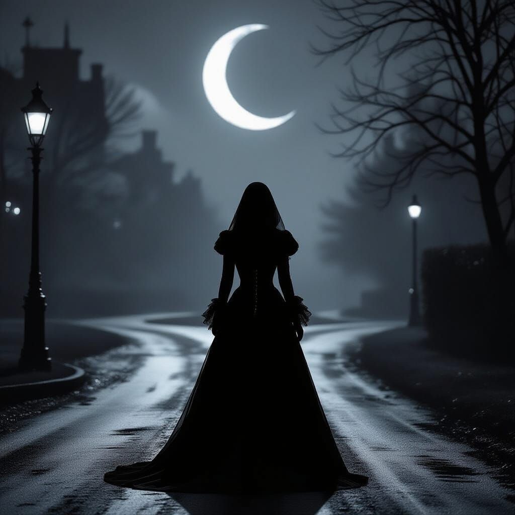 Gothic Figure at Crossroads in Moody Black and White