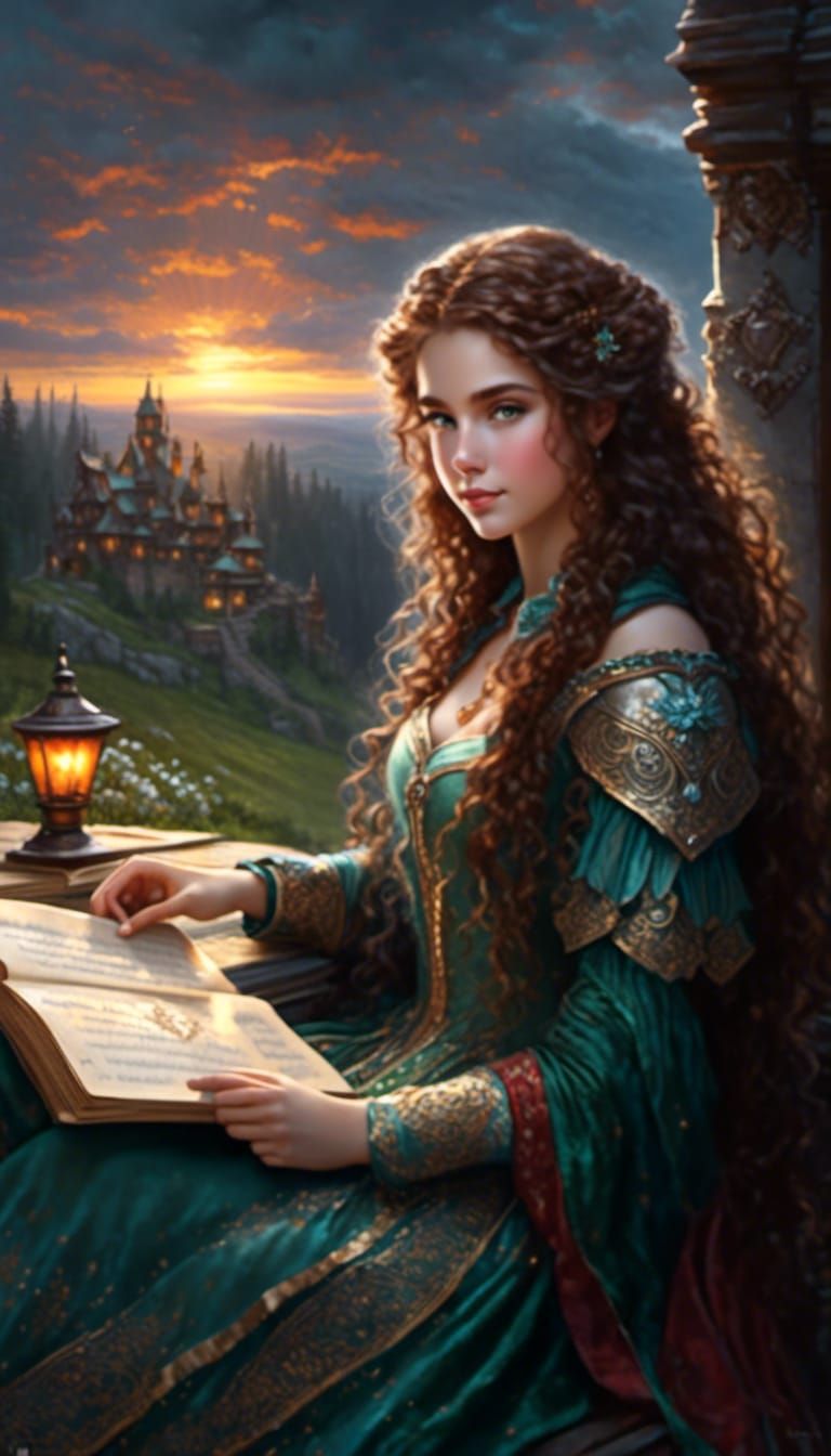 Girl Reading Love Letter at Sunset in Detailed Art