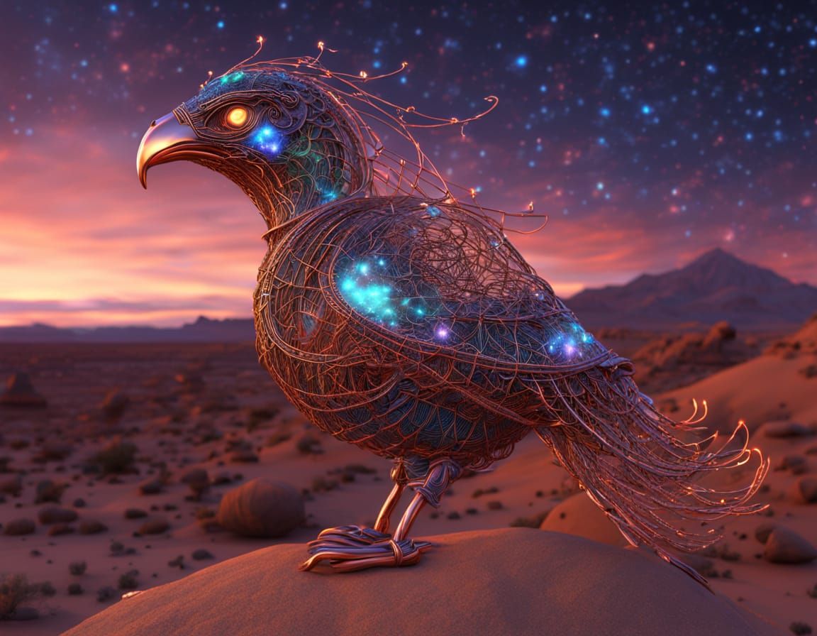 Majestic Copper Wire Hawk Sculpture in Cosmic Desertscape