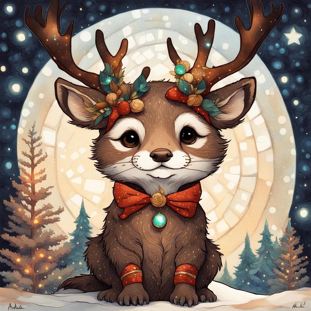 an adorable chibi otter dressed up as reindeer, dark starry night, gorgeous eyes, stained glass, fantasy illustration, t...