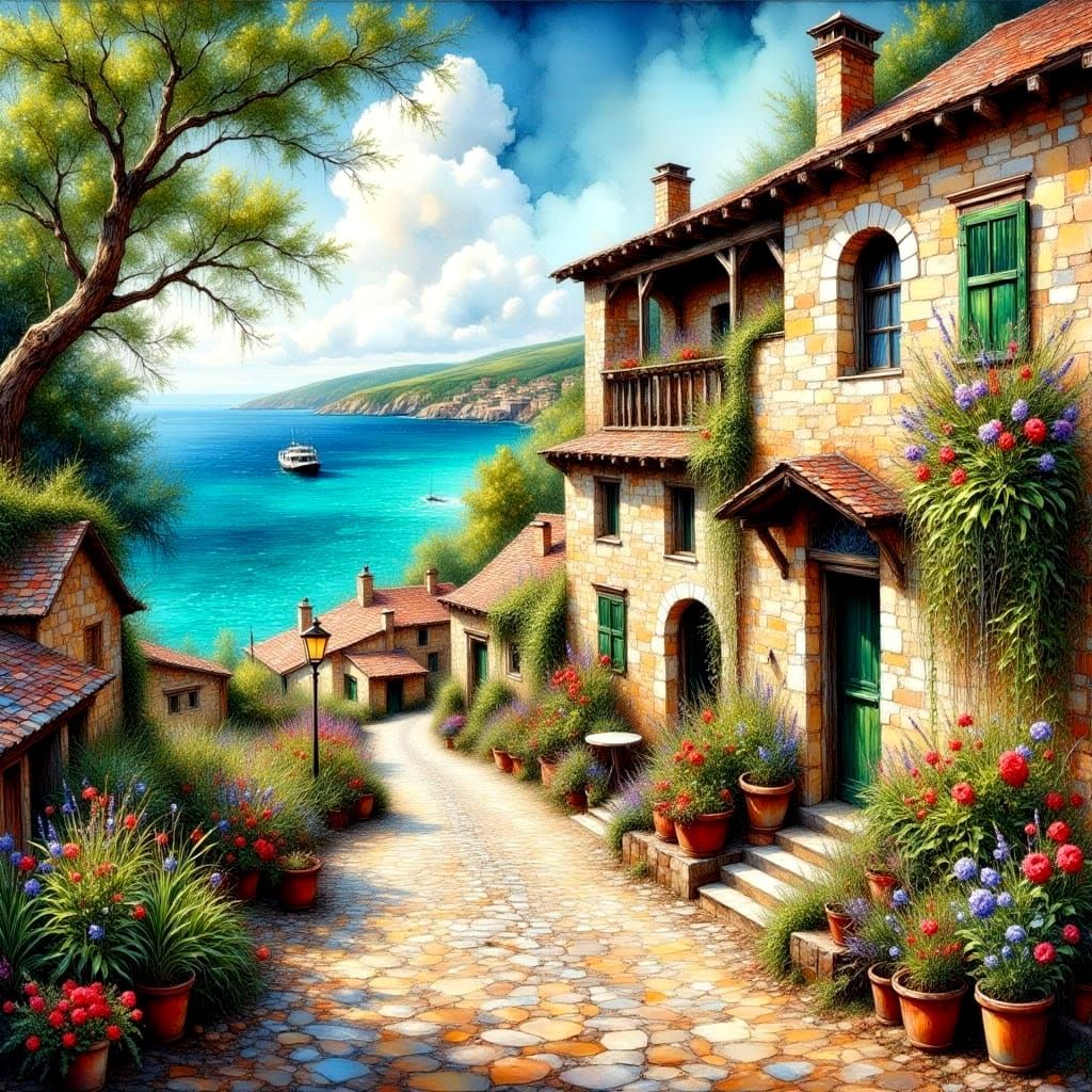Ancient Coastal Village in Whimsical Oil Painting Style