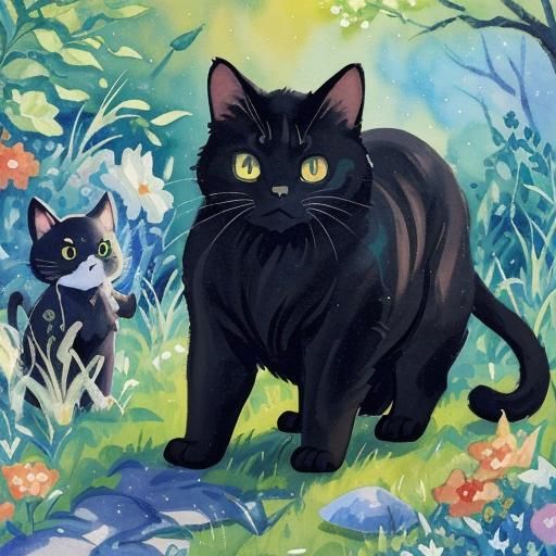 Anime Black Cat in Gouache Watercolor Style