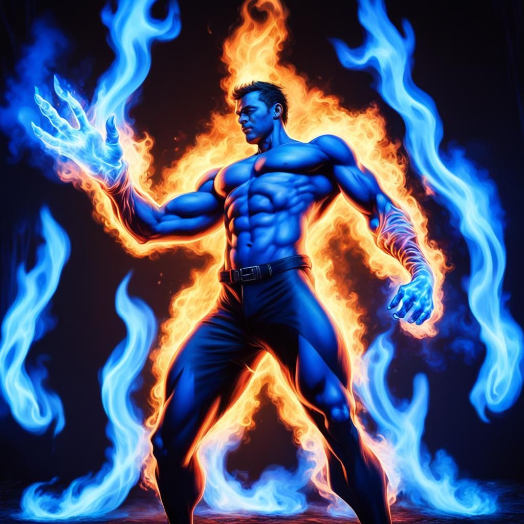 Superhero Engulfed in Neon Blue Flames