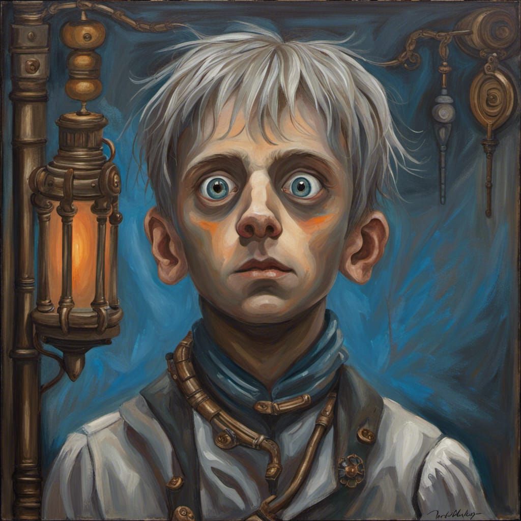 Oil Painting of a Boy with Blue and Orange Colors