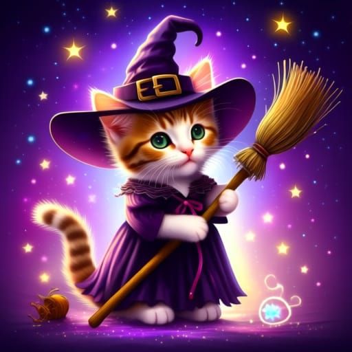 Cute Witch Kitten with Broomstick in Starry Sky