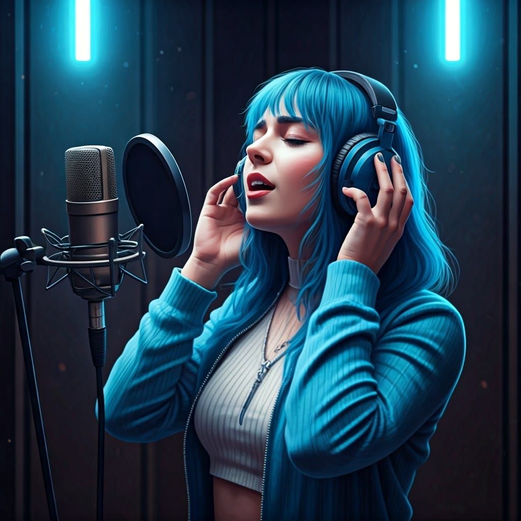 Blue-Haired Singer in Recording Studio, Digital Matte Painti...
