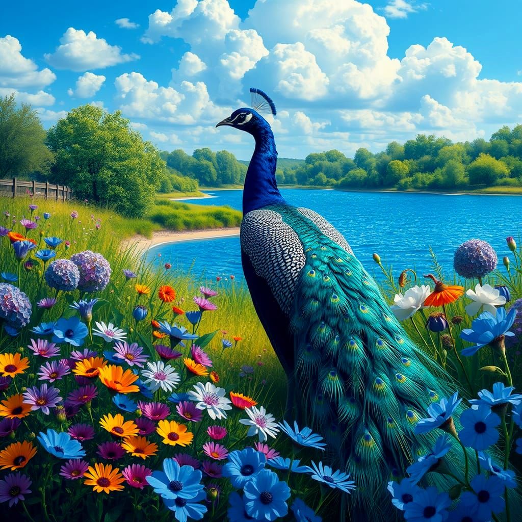 Blue and White Peacock in Spring Garden