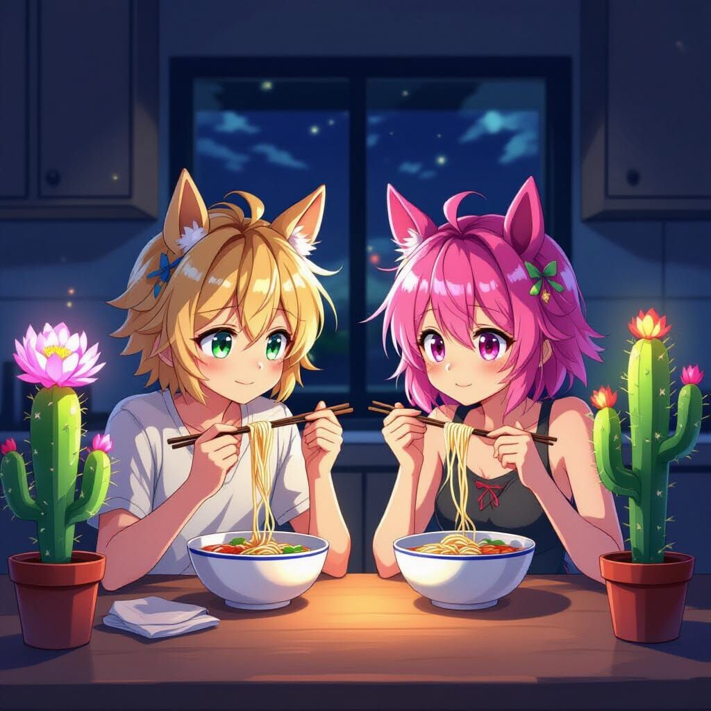 Anime Boys with Horse Ears Eat Noodles
