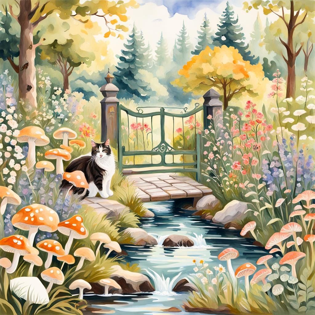 Country Garden with Cats in Gouache Watercolor
