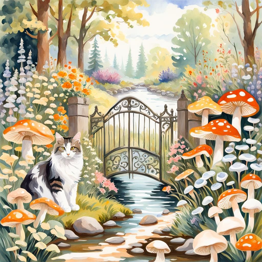 Norwegian Cats in Impressionist Gouache Garden