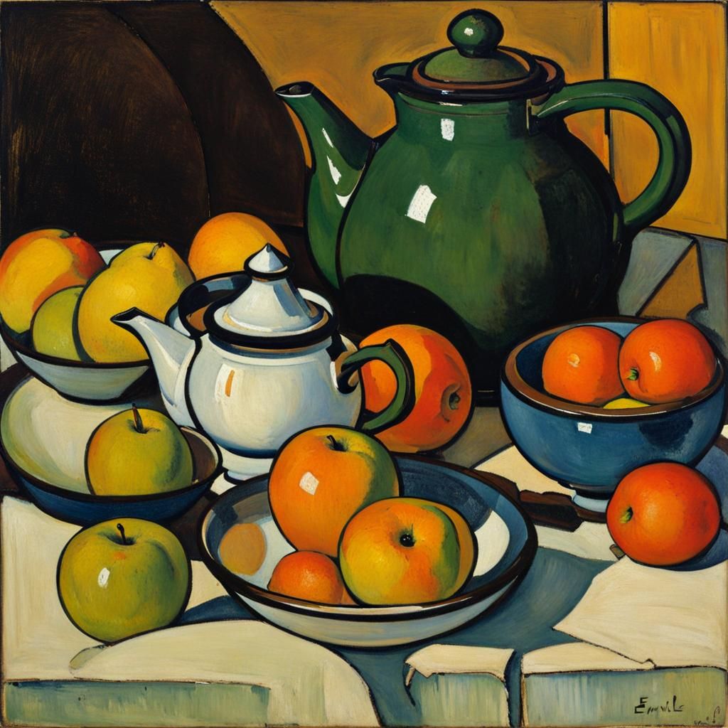 Expressionistic Still Life with Teapot and Fruit